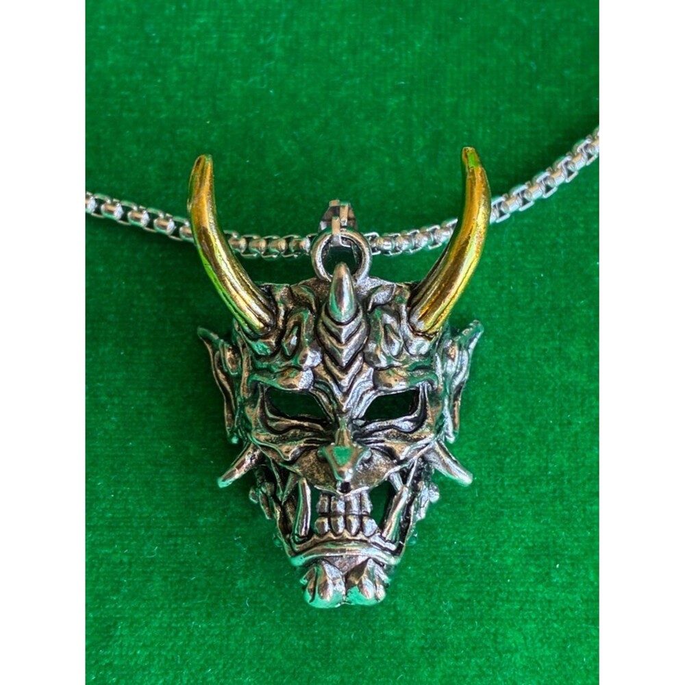NEW Demonic Oni Mask Pendant Necklace in Silvertone with Goldtone Horns Gothic